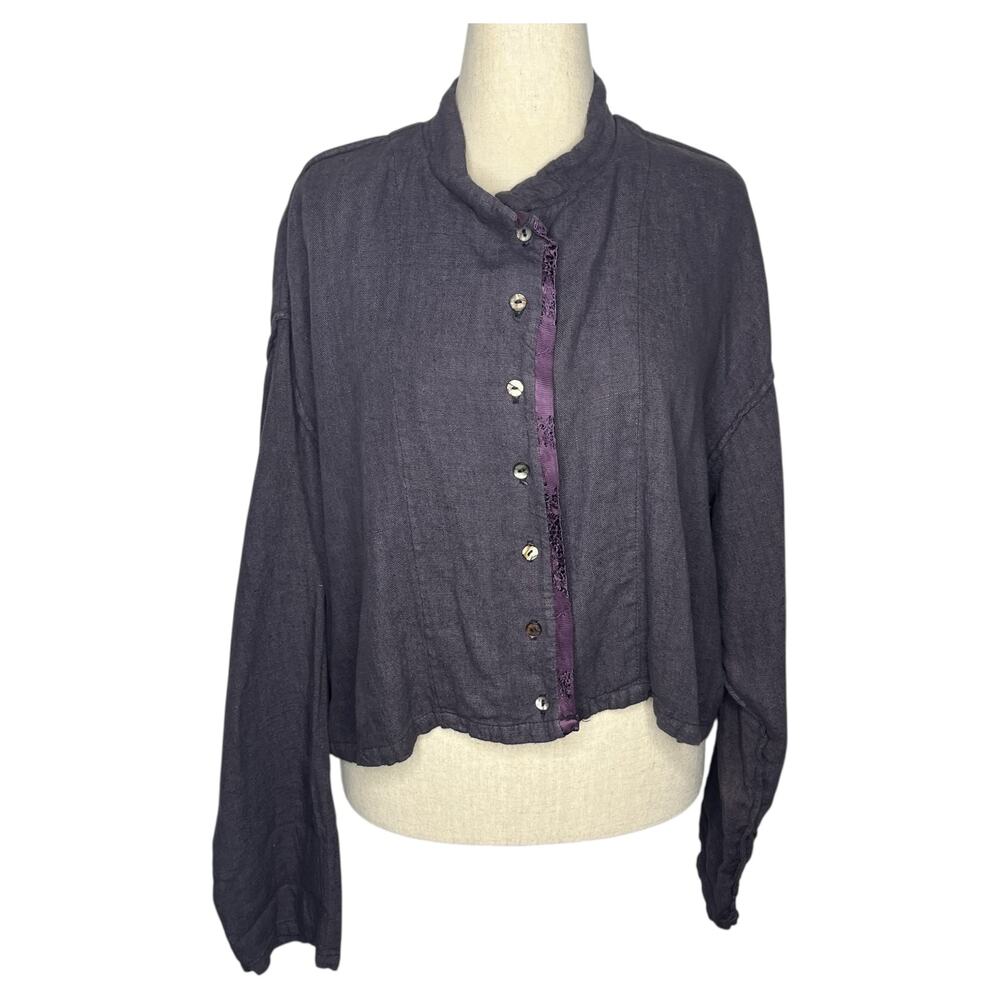 Cynthia Ashby Women's Jacket L Purple 100% Linen Drop Shoulders Mandarin Collar